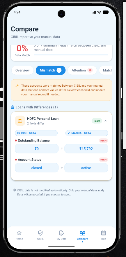 SAARTI Compare screen showing differences in outstanding balance and account status