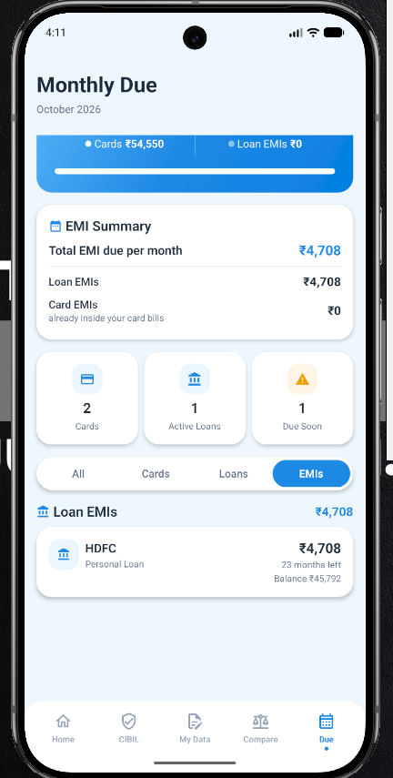 SAARTI Monthly Due screen with card bills, loan EMIs and upcoming dues
